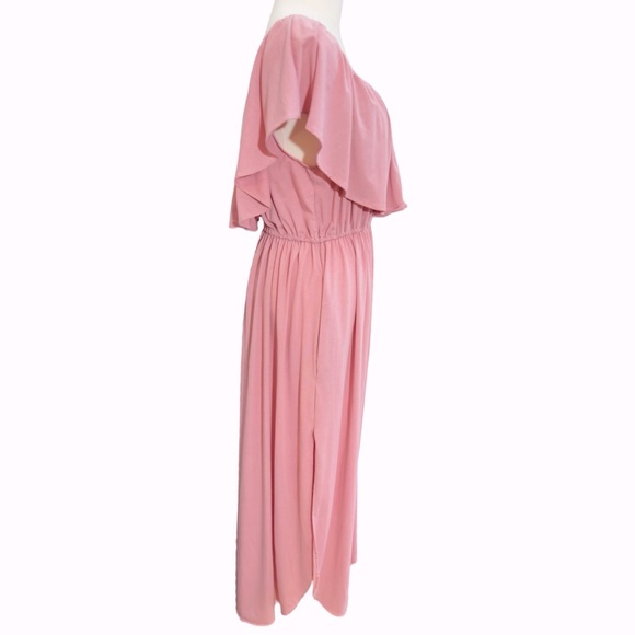 MAUVE Flowy Off The Shoulder Ruffle Party Dress Side Split Beach Maxi + POCKETS! - Picture 12 of 17